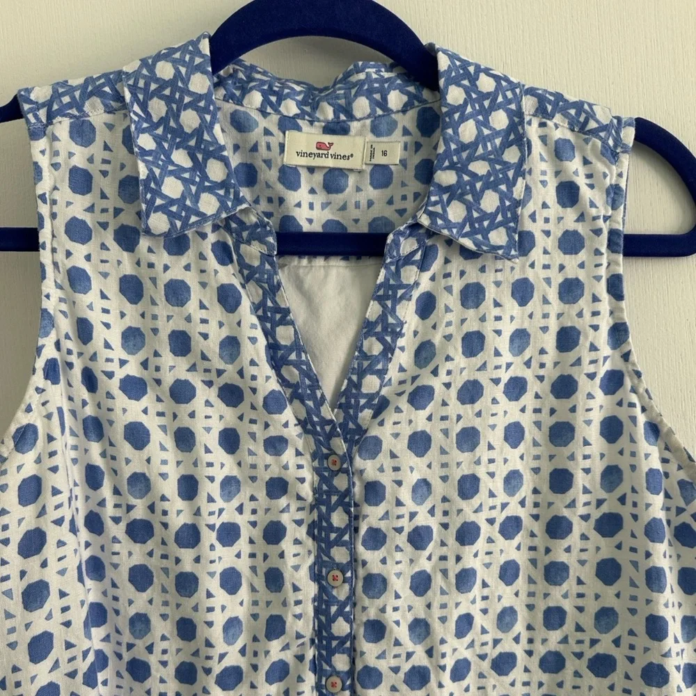 Vineyard Vines painted blue and white rattan print dress size 16 EUC msrp $98 - Picture 4 of 11
